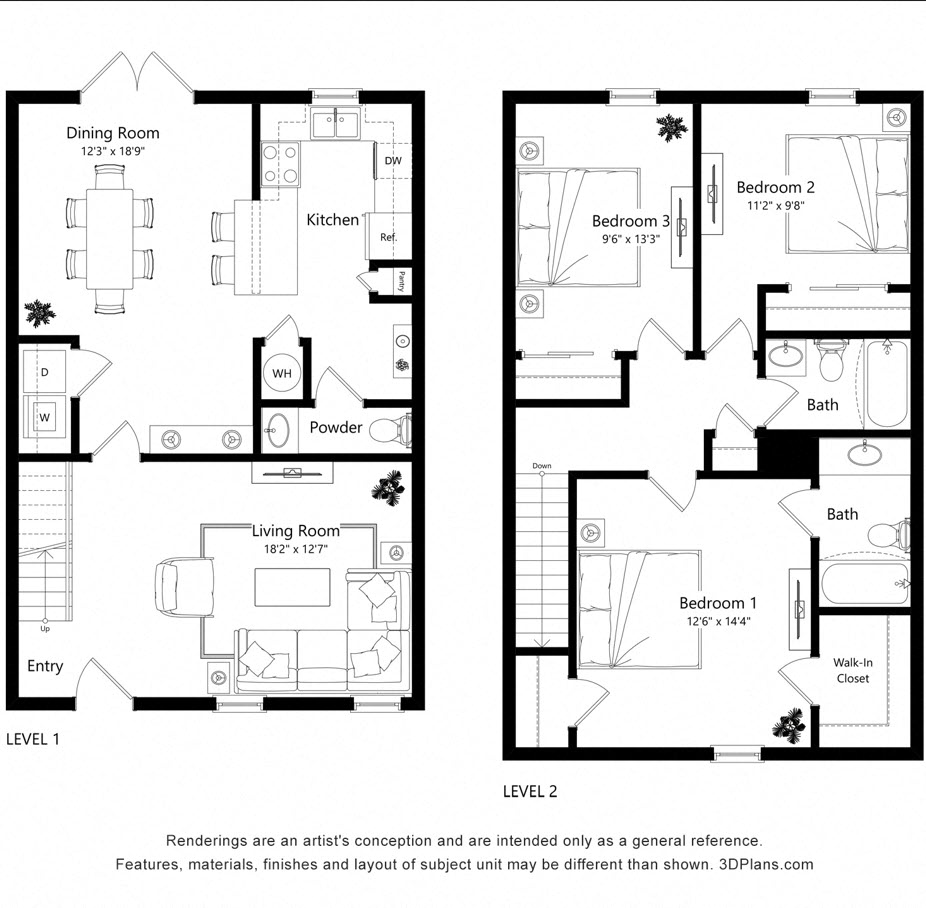 Floor plan for 3 beds, 2.5 baths, 1550 sqft